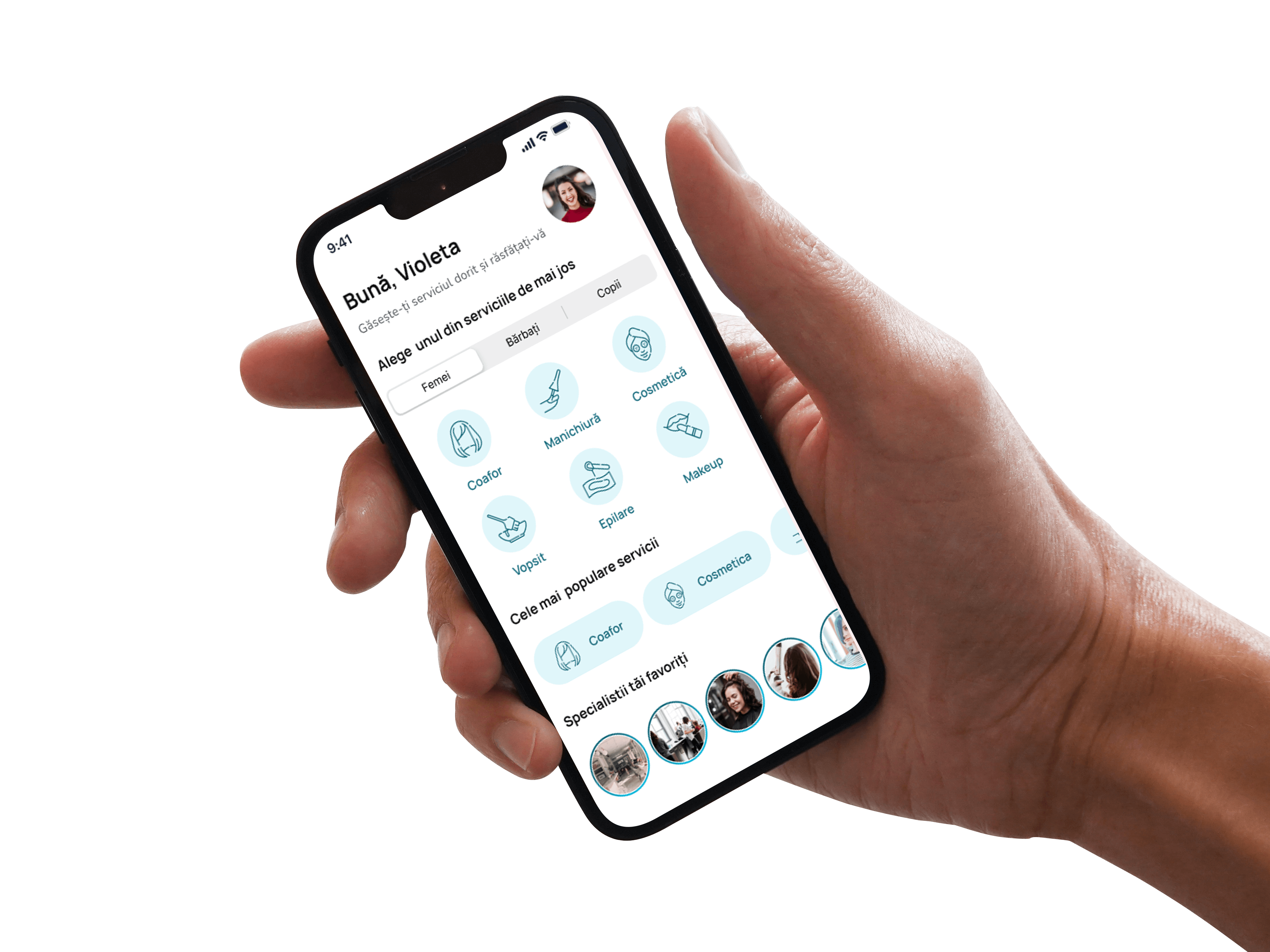 Hand holding a phone with a demo application.